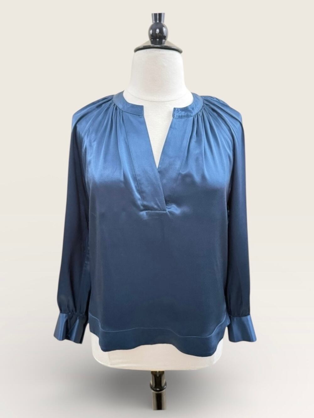 Rails Wynna Satin, Deep Teal Split Neck Blouse, Size L